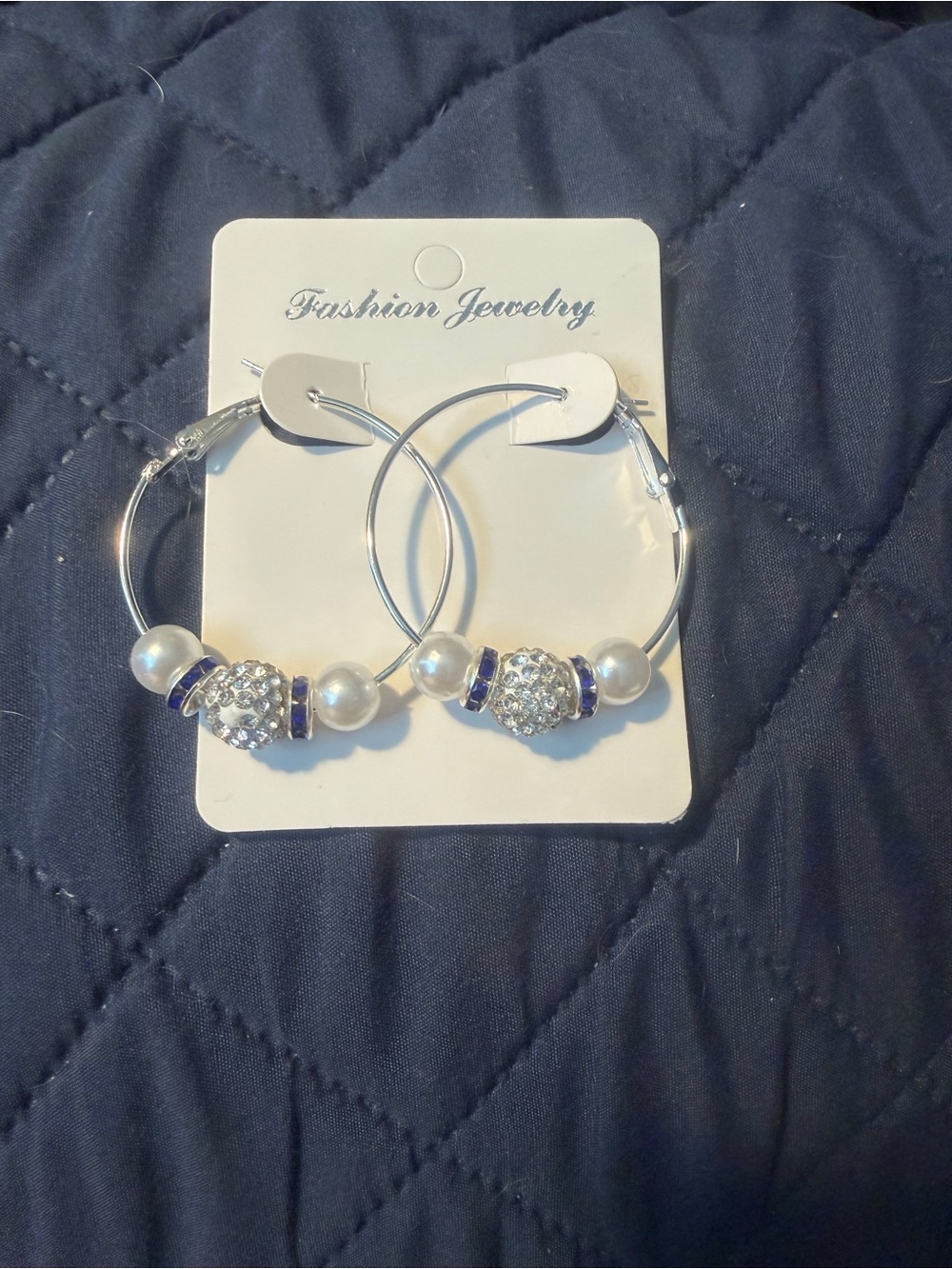 Silver Hoop Earrings with White Pearls and Blue Accent Crystals
